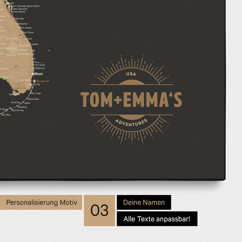 Pinnwand Leinwand einer USA Amerika Karte in Sonar Black mit eingedrucktem Logo „United States"