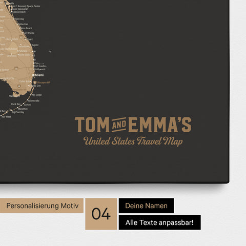 Detaillierte USA Amerika Karte als Pinn-Leinwand in Sonar Black mit Personalisierung als Logo für die gesamte Familie
