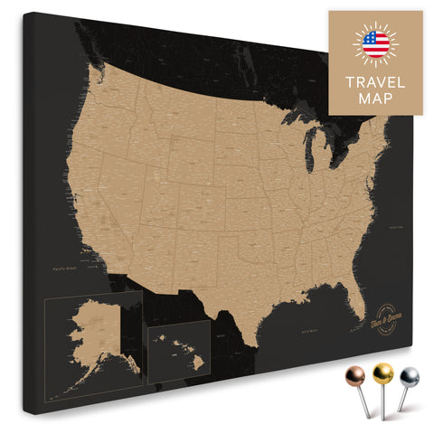 USA Amerika Karte in Sonar Black mit sehr hohem Detailgrad als Pinnwand Leinwand zum Pinnen und Markieren von Reisezielen kaufen