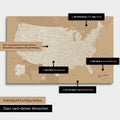 Vielfältige Konfigurationsmöglichkeiten einer USA Amerika Landkarte als Pinn-Leinwand in Farbe Treasure Gold