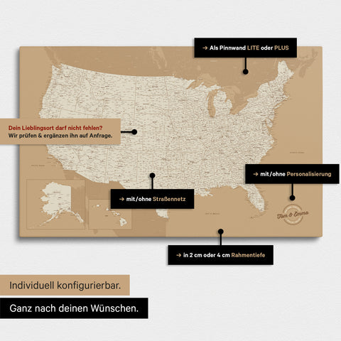 Vielfältige Konfigurationsmöglichkeiten einer USA Amerika Landkarte als Pinn-Leinwand in Farbe Treasure Gold