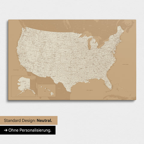 Neutrale und schlichte Ausführung einer USA Amerika Karte als Pinn-Leinwand in Treasure Gold