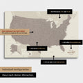 Vielfältige Konfigurationsmöglichkeiten einer USA Amerika Landkarte als Pinn-Leinwand in Farbe Warmgray (Braun-Grau)