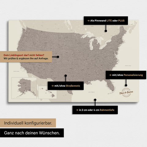 Vielfältige Konfigurationsmöglichkeiten einer USA Amerika Landkarte als Pinn-Leinwand in Farbe Warmgray (Braun-Grau)