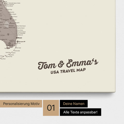 USA Amerika Karte mit hohem Detailgrad als Pinnwand Leinwand in Warmgray (Braun-Grau) mit Personalisierung und Eindruck mit deinem Namen