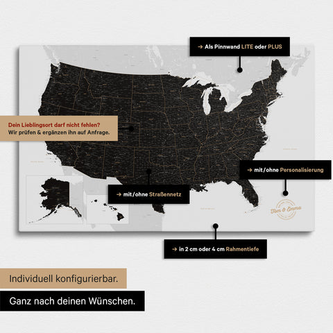 Vielfältige Konfigurationsmöglichkeiten einer USA Amerika Landkarte als Pinn-Leinwand in Farbe Weiß-Schwarz