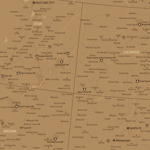 Sehr detaillierte USA Amerika Karte als Papier-Poster zeigt einen Ausschnitt mit Reisezielen in Utah und Colorado