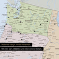 Ausschnitt einer politischen USA Amerika Karte als Pinn-Leinwand in Multicolor Atlas zeigt Reiseziele und Highlights in Washington, Oregon und Idaho