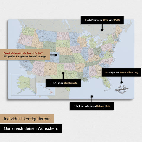 Vielfältige Konfigurationsmöglichkeiten einer politischen USA Amerika Landkarte als Pinn-Leinwand in Farbe Multicolor Atlas
