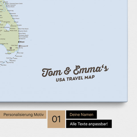 Politische USA Amerika Karte mit hohem Detailgrad als Pinnwand Leinwand in Multicolor Atlas mit Personalisierung und Eindruck mit deinem Namen