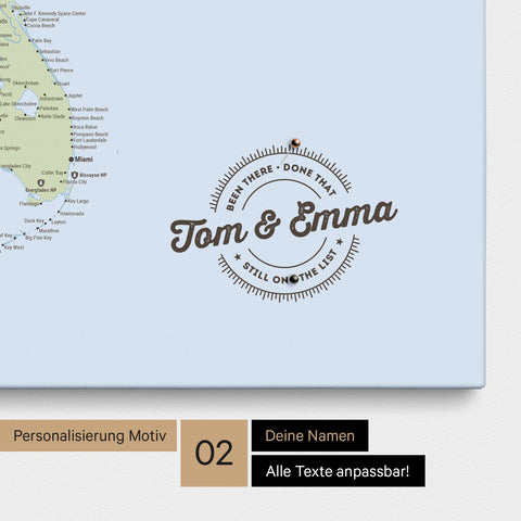 Personalisierte USA Amerika Karte als Leinwand in Multicolor Atlas mit eingedruckten Namen und einer Legende zur Markierung von besuchten Orten