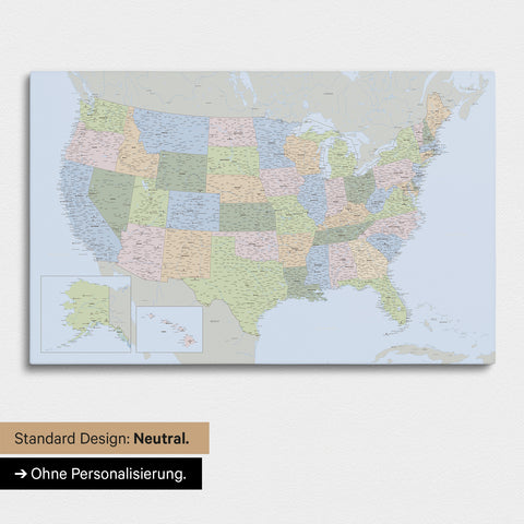 Neutrale und schlichte Ausführung einer politischen USA Amerika Karte als Pinn-Leinwand in Multicolor Atlas