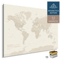 Magnetic World Map ANTARCTICA with Antarctica as a solid magnetic board in gold color, featuring a modern, minimalist design for pinning and marking travel destinations with magnets