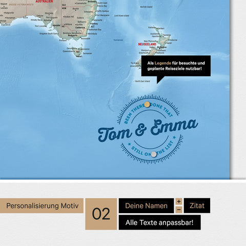 Personalisierte magnetische physische Weltkarte ANTARCTICA in Multicolor Terra mit rundem Logo, das eine Legende für bereits besuchte Reiseziele beinhaltet