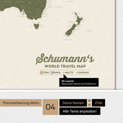 Weltkarte ANTARCTICA als Magnettafel in Olive Green mit Personalisierung als Logo mit Familiennamen und Legende