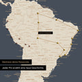 Detail of a world map as a Push Pin Map in Hale Navy (Dark Blue Gold) showing a section of South America, where pins mark visited travel destinations connected by a colorful thread