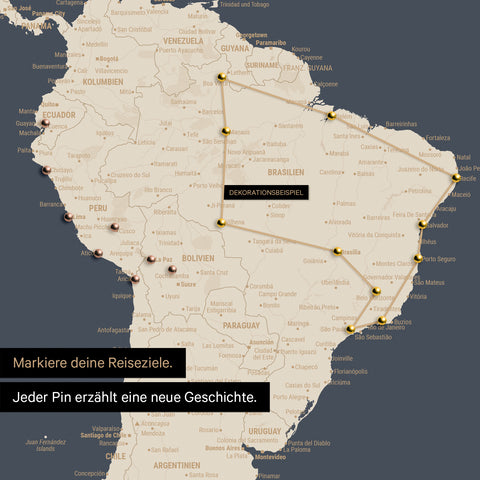 Detail of a world map as a Push Pin Map in Hale Navy (Dark Blue Gold) showing a section of South America, where pins mark visited travel destinations connected by a colorful thread