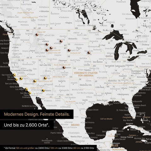 Detail of a black and white world map showing details from the USA and Canada