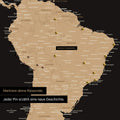 Detail of a world map as a Push Pin Map in Sonar Black showing a section of South America, where pins mark visited travel destinations connected by a colorful thread