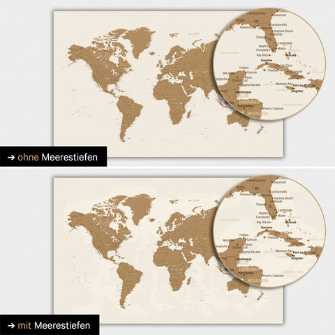 World map in bronze with two-dimensional sea depths