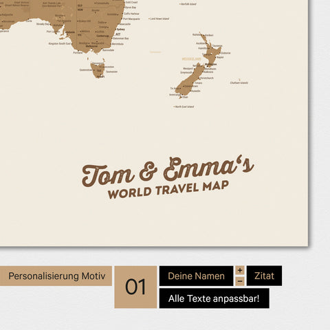 Personalized world map in bronze with your name printed on it