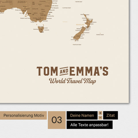 World map in bronze with a vintage logo as modern personalization