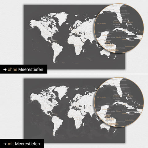 World map in dark gray color with two-dimensional sea depths