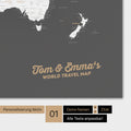 Personalized world map in dark gray color with your name printed on it