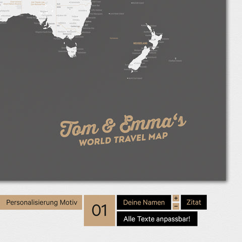 Personalized world map in dark gray color with your name printed on it