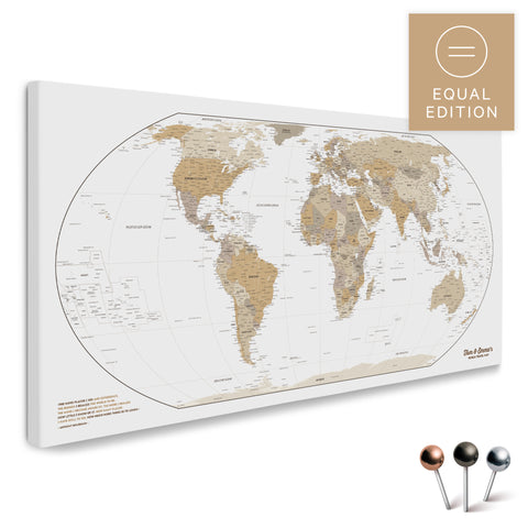 Weltkarte in der Equal-Earth-Projektion und in der Farbe Multicolor Beige als hochwertige Pinn-Leinwand, ideal geeignet zum Markieren von Orten und Planen von Reisen