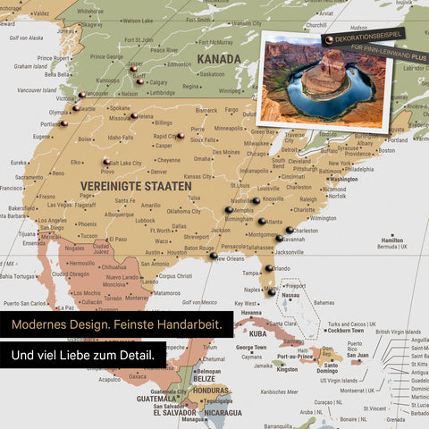 Weltkarte in der Equal-Earth-Projektion als Pinnwand in der Farbe  Multicolor Sienna, auf der Reiseziele in den USA und Kanada mit Pins markiert sind