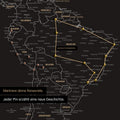Detailed view of the FINELINE world map pinboard canvas in black and white with marked travel route and pins in South America