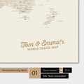 Personalized world map in gold color with your name printed on it