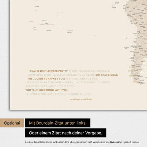 World map in gold color with a printed quote from Anthony Bourdain, which can be replaced with any other quote during personalization