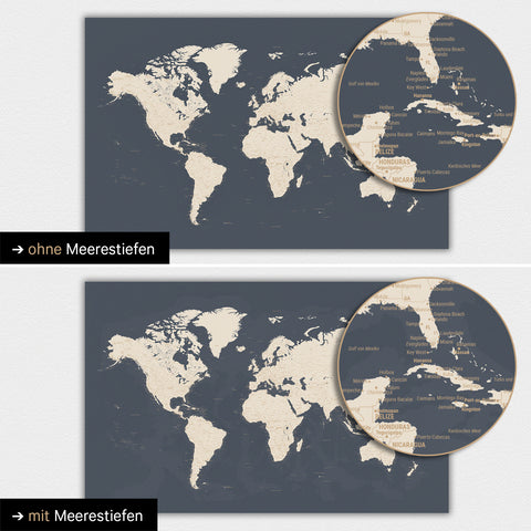 World map in color Hale Navy (gold-dark blue) with two-dimensional sea depths