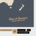 Personalized world map in Hale Navy color (gold-dark blue) with your name printed