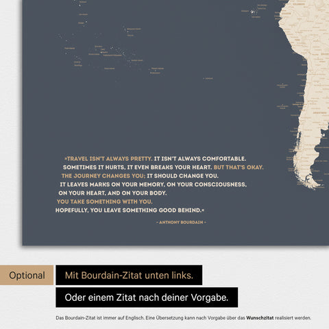 World map in Hale Navy color (gold-dark blue) with printed quote from Anthony Bourdain, which can be replaced with any other quote during personalization
