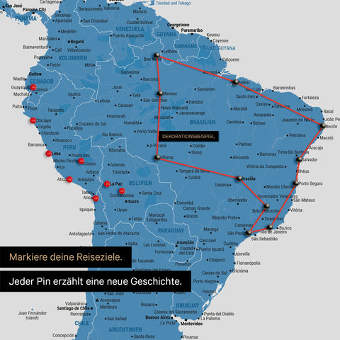 Detail of a push pin world map in Blue with pins, showing a mapped out travel route in South America through the countries of Brazil, Peru and Ecuador