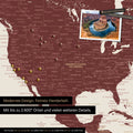 Detailed push pin world map in Bordeaux Red for marking up to 2,600 travel destinations in the USA, Canada and Mexico, ideal for visual representation of past trips and future travel plans