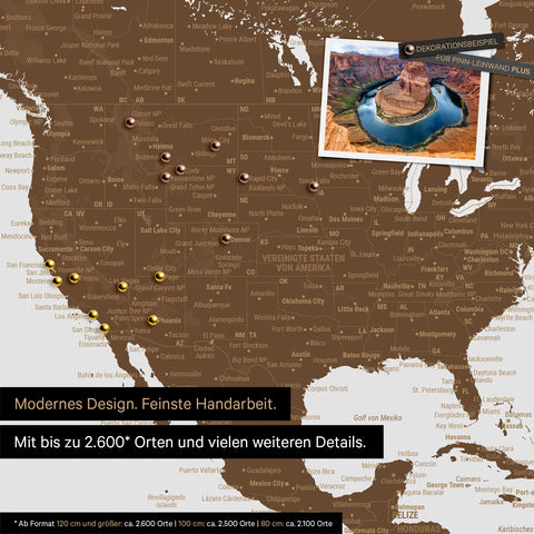 Detailed push pin world map in Brown for marking up to 2,600 travel destinations in the USA, Canada and Mexico, ideal for visual representation of past trips and future travel plans