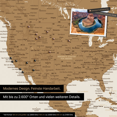 Detailed push pin world map in Bronze for marking up to 2,600 travel destinations in the USA, Canada and Mexico, ideal for visual representation of past trips and future travel plans