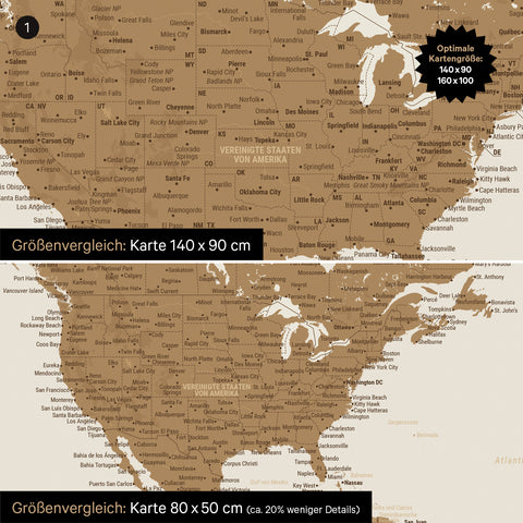 Size comparison of a world map canvas in the formats 140 x 90 cm and 80 x 50 cm