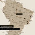 Detail of a push pin world map in Desert Sand (Beige) with pins, showing a mapped out travel route in South America through the countries of Brazil, Peru and Ecuador