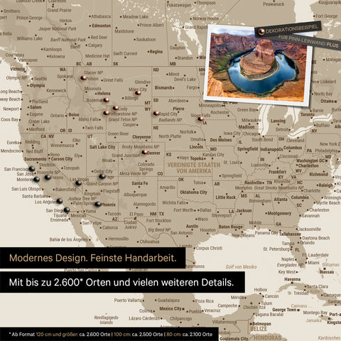 Detailed push pin world map in Desert Sand (Beige) for marking up to 2,600 travel destinations in the USA, Canada and Mexico, ideal for visual representation of past trips and future travel plans