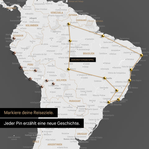 Detail of a push pin world map in Darkgray with pins, showing a mapped out travel route in South America through the countries of Brazil, Peru and Ecuador