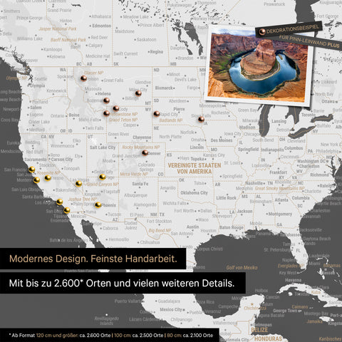 Detailed push pin world map in Darkgray for marking up to 2,600 travel destinations in the USA, Canada and Mexico, ideal for visual representation of past trips and future travel plans