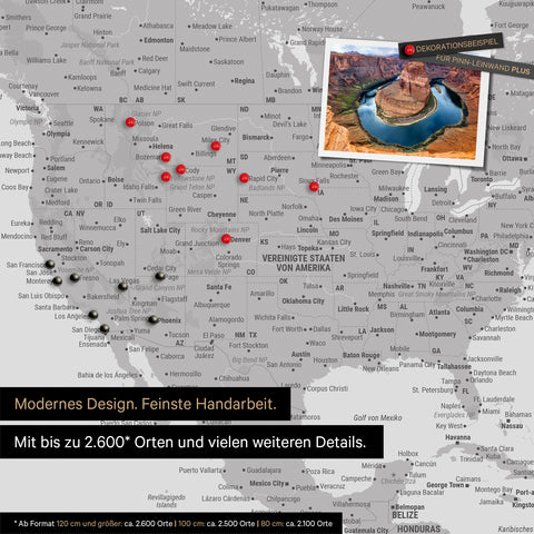 Detailed push pin world map in Coolgray for marking up to 2,600 travel destinations in the USA, Canada and Mexico, ideal for visual representation of past trips and future travel plans