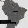 Detail of a push pin world map in Light Gray with pins, showing a mapped out travel route in South America through the countries of Brazil, Peru and Ecuador
