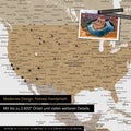 Detailreiche Weltkarte als Pinnwand in Multicolor Beige zur Markierung von bis zu 2.600 Reisezielen in den USA, Kanada und Mexiko, Ideal für die visuelle Darstellung vergangener Reisen und zukünftiger Reisepläne