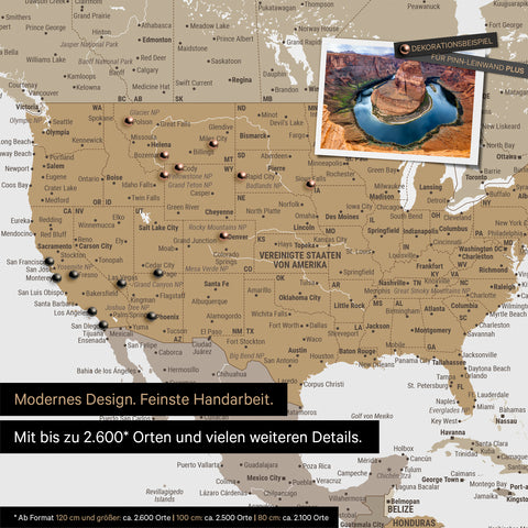 Detailreiche Weltkarte als Pinnwand in Multicolor Beige zur Markierung von bis zu 2.600 Reisezielen in den USA, Kanada und Mexiko, Ideal für die visuelle Darstellung vergangener Reisen und zukünftiger Reisepläne